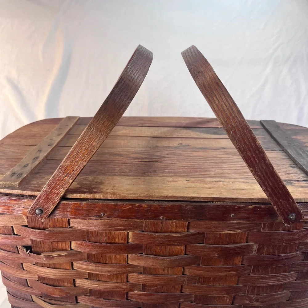 Vintage Woven Wood Picnic Basket Dual Handles Hinged Slatted Lid Large Rustic